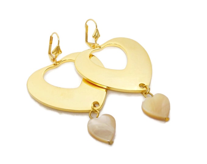 FREE SHIPPING Large heart earrings, gold plated, Mother of Pearl heart dangle, lever back pierced, wedding party, Valentine's Day, 3 on hand