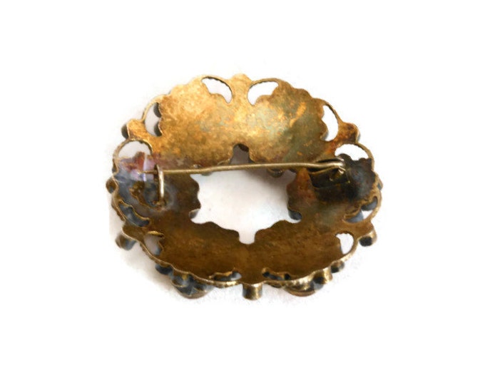 FREE SHIPPING Antique rhinestone brooch, Victorian circle pin, amber prong set rhinestones, bezel set amber art glass cabochons, brass