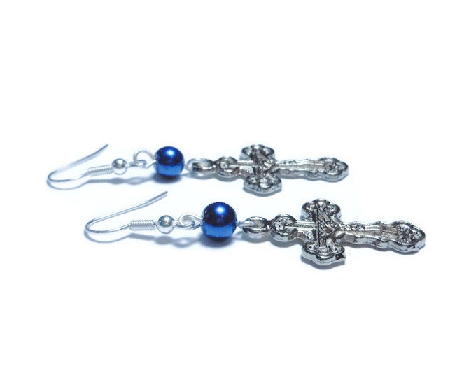 Orthodox Crucifix Earrings, handmade Russian Orthodox silver plated with blue Swarovski glass pearl, cross pierced dangle earrings.