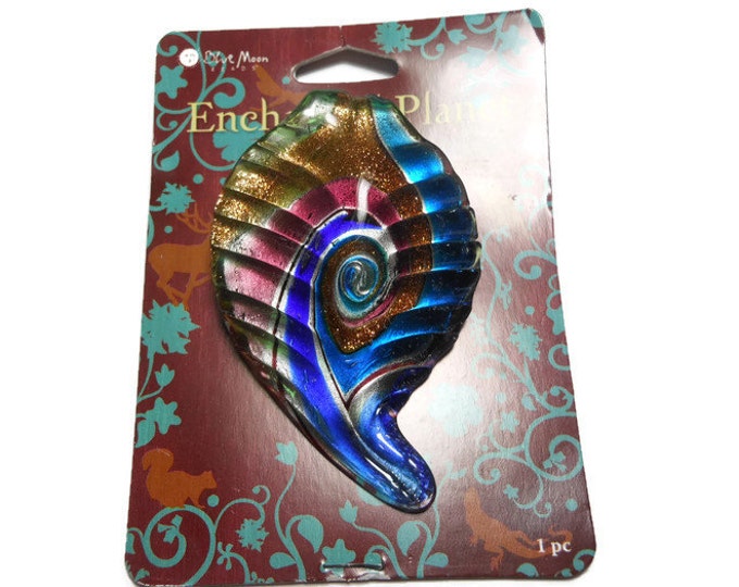 Large lampwork pendant, silver-colored foil and copper-colored glitter multicolored swirls with large bail, carved leaf, 66 mm X 45 mm