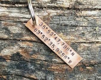 longitude latitude keychain, latitude longitude keychain, copper bar keychain, custom keychain, personalized keychain, coordinate keychain