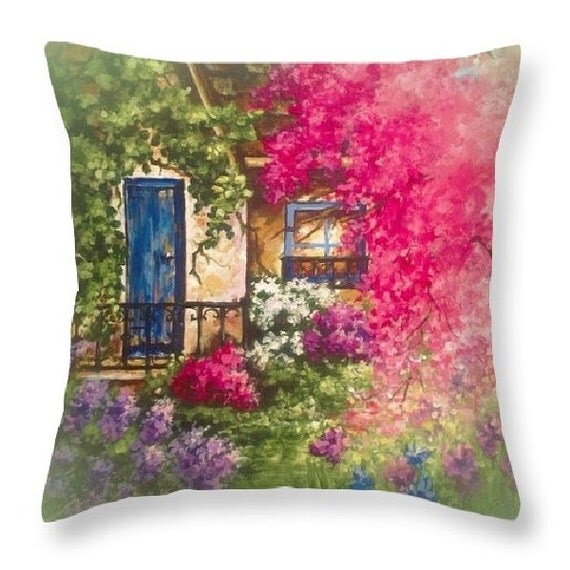  art throw pillow, cottage flower garden art accent pillow, garden art