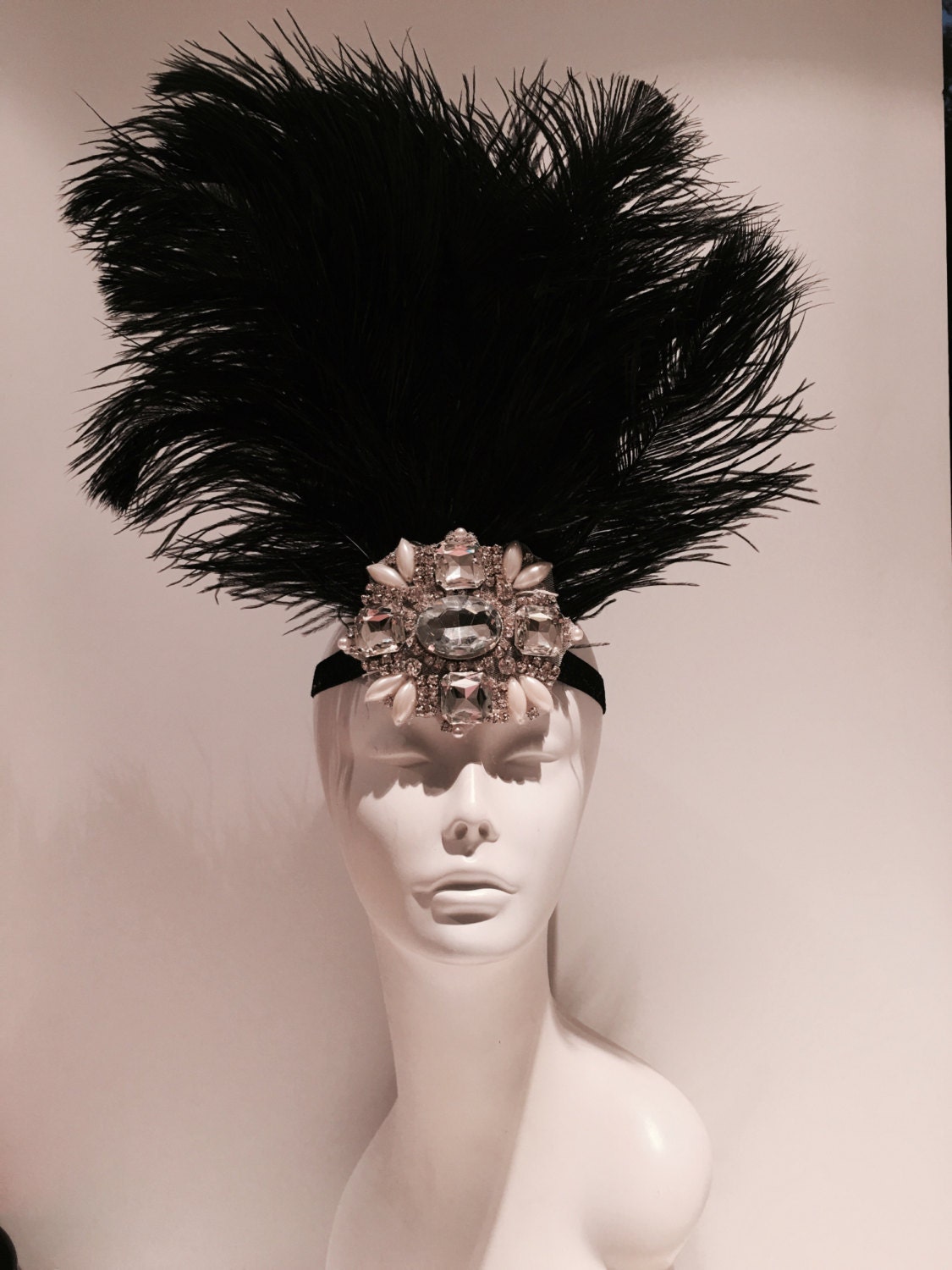 1920s Head Wrap Deco Gatsby Rhinestone Feather Headdress