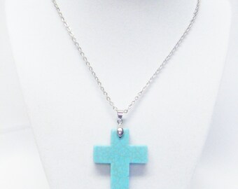 Semi-Precious Dye Turquoise Cross Pendant Necklace