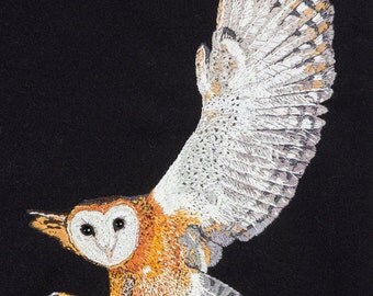 Black cashmere-wool dress, hand-embroidered owl