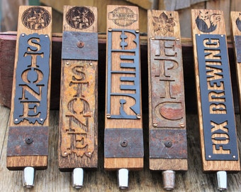 Custom Tap Handle made from Oak Whiskey and Wine Barrel Wood Staves, Rusted Metal, Custom Engraving and Logo, Beer Tap Handle, Bar Tap, Tap