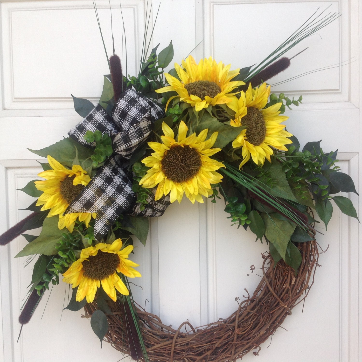 Sunflower Grapevine Wreath with Cattails and Black and White