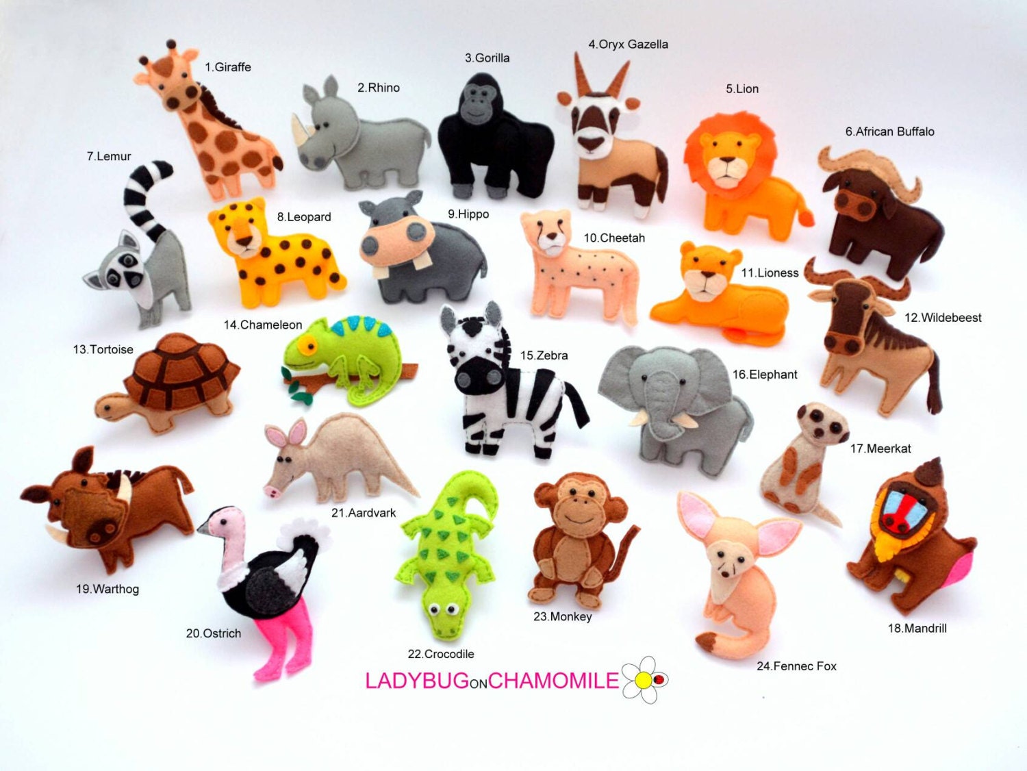 AFRICAN SAFARI ANIMALS felt the by LADYBUGonCHAMOMILE