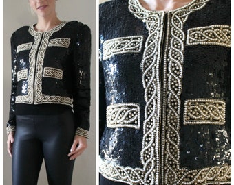 Vintage Sequin Trophy Jacket with Pearl and Gold Details - 1980's Size Large
