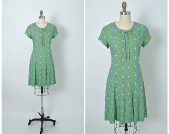 Vintage 1960s 60s Floral Day Dress Pink and Green