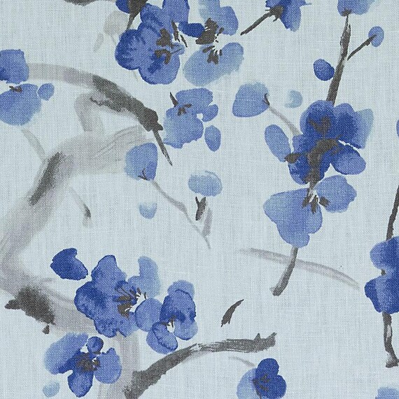 Blue Grey Floral Linen Upholstery Fabric Artistic Blue Grey