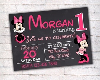 Minnie Mouse Birthday Invitation, Printable Invitation, Disney Party, First Birthday Invitation, Chalkboard Invitation, 014