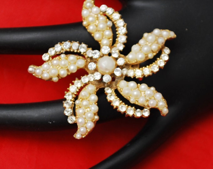 Flower Brooch with Gold tone metal pearls and rhinestone mid century Atomic pin