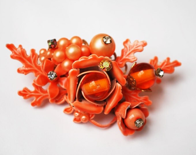 Orange Flower Brooch - Haskell "esque" - wired glass beads and rhinestones - Enamel and Pearls -Floral Bead