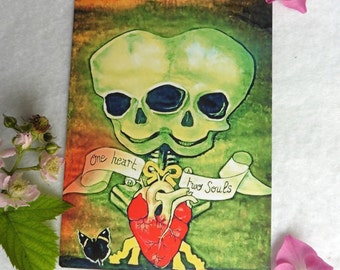 One Heart Two Souls Postcard, Greeting, Card, Siamese, Twins, Circus, Freak, Art, Gothic, Conjoined, Taxidermy, Ahs, fetus, skull, skeleton