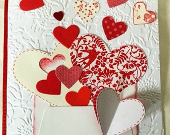 Unique Handmade card: Valentine's cards - red Hearts - Hugs and Kisses - mini envelopes - hand stamped - anniversary card - hand made cards