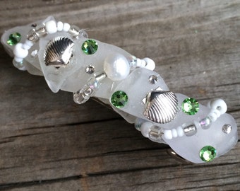 Sea Glass Barrette White, Mermaid Beach Wedding hair Accessory, FW Pearl, Crystals, White Genuine Sea Glass hair clip, Beach Bride Barrette