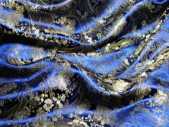 Chinese brocade fabric in midnight BLUE with a floral pattern in gold ...