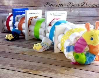 Diaper Cake - Book Worm Caterpillar, Primary Color Book Theme Baby Shower Diaper Cake Centerpiece