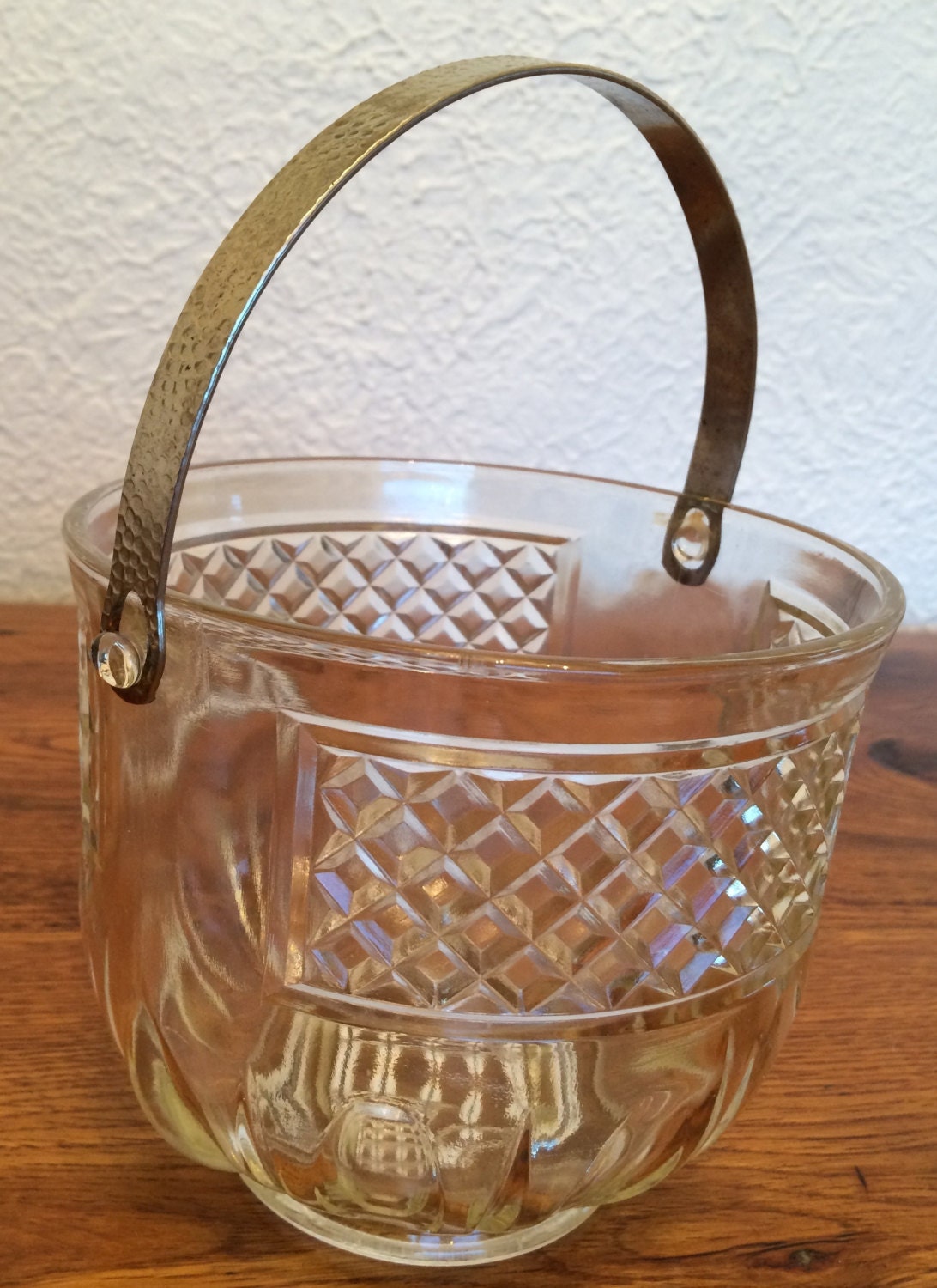 Vintage Pressed Glass Ice Bucket Hammered Metal Handle