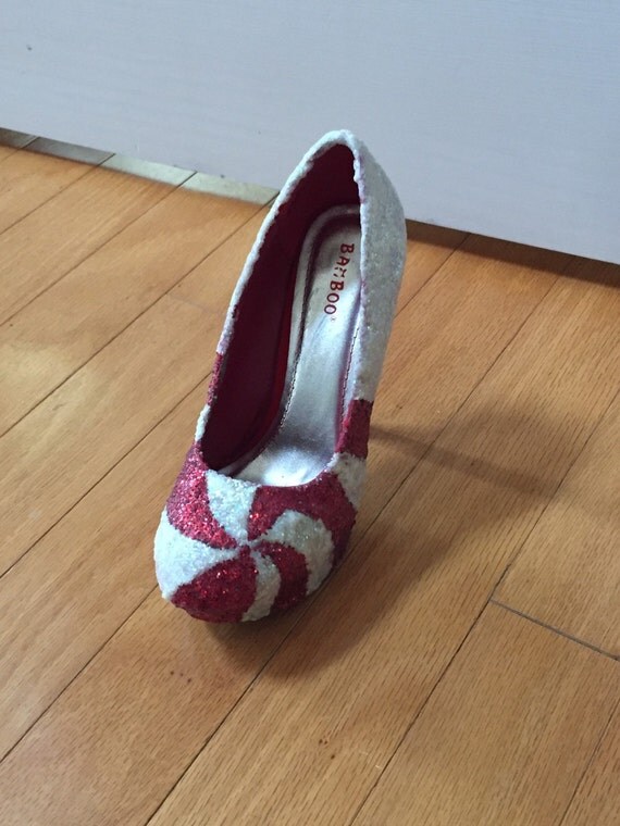 Red and white glitter candy cane heels by BeYouEveryday on Etsy