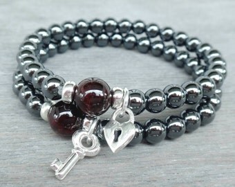 Key to my heart couple bracelet His and Her bracelet set Sterling silver Heart Lock and Key, Hematite, Garnet for Deep love & Protection