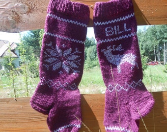 Knit Christmas Stocking Hand Knitted Personalized with Reindeer, Christmas Gift Christmas Decoration Maroon Silver