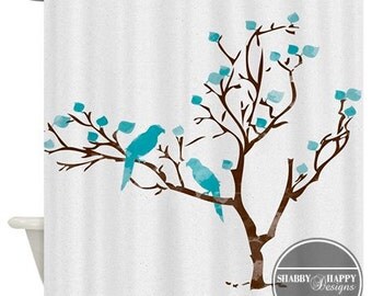 Shower Curtain Art Design // Watercolor Shabby Chic Birds in a Tree // Custom Bathroom Decor // 12 stitch-enforced eyelets