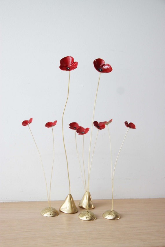 Red poppy metal sculpture brass flower art object with red