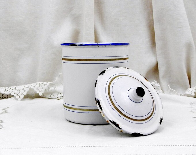Antique French Chippy White Enamel Canister, French Country Decor, Shabby Chic Cottage Kitchenware, Vintage Home Decor, French Retro Kitchen