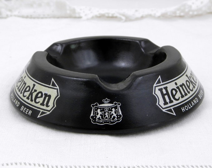 Vintage Heineken Beer Black Glass Ashtray, Mid Century Decor, Retro Vintage Home Interior, Holland Vintage, Man Cave ,Tobacciana, Smoking