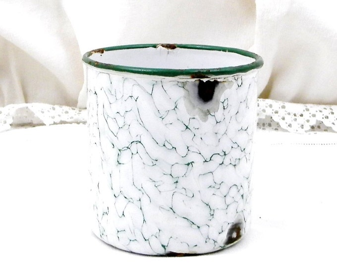 Antique Art Deco French Chippy White and Green Marbled Enamel Coffee Canister French Country Decor, Enamelware Pot, Kitchenware, Desk Tidy