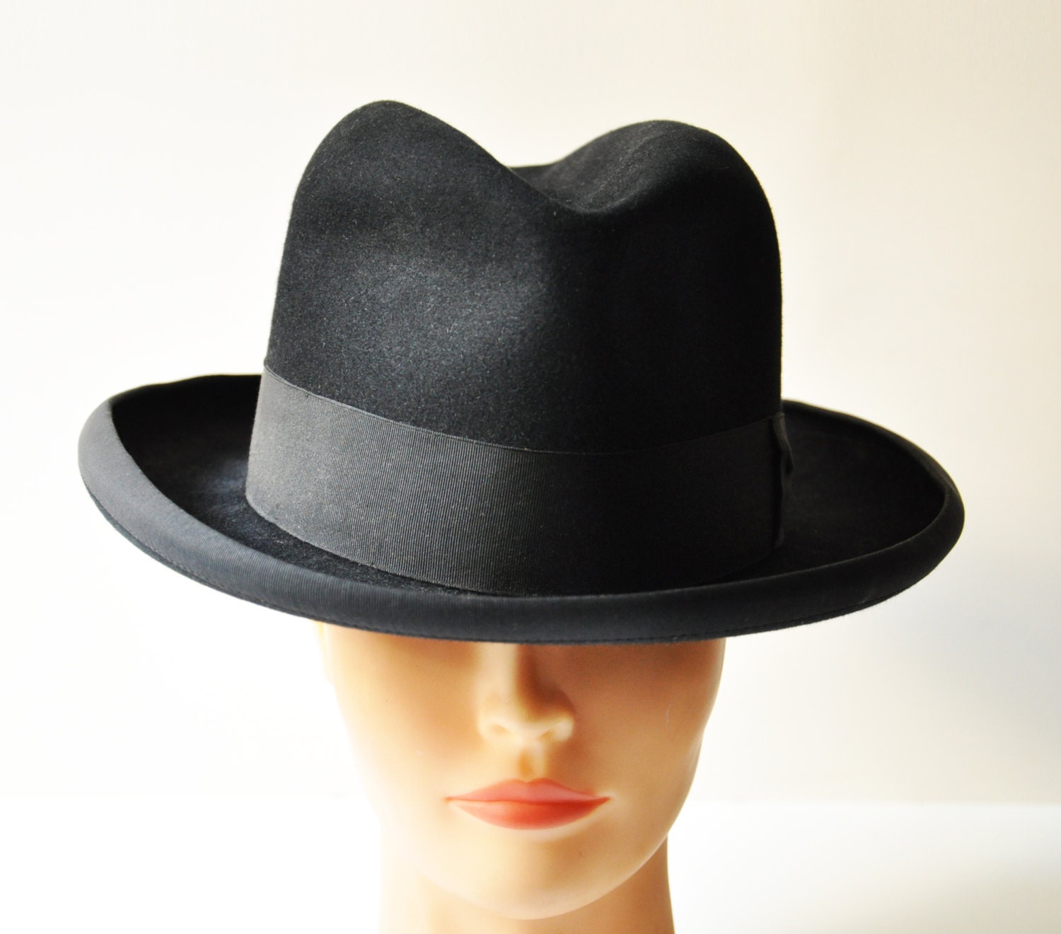 Vintage Italian Men Black Felt Homburg Hat Classic Barbisio