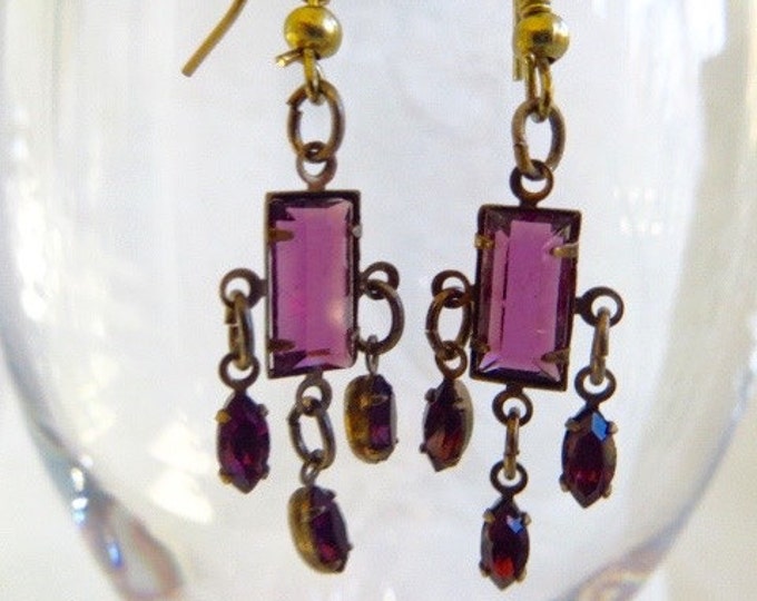 Czech Glass Earrings Vintage Beveled Amethyst Chandelier Earrings Pierced Ears