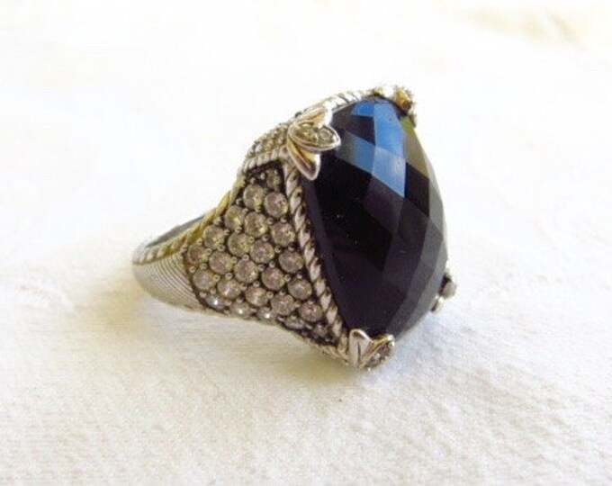 Judith Ripka Monaco Ring Sterling Silver Onyx Diamonique CZ stones Vintage Size 10.5 Designer Signed High End Jewelry