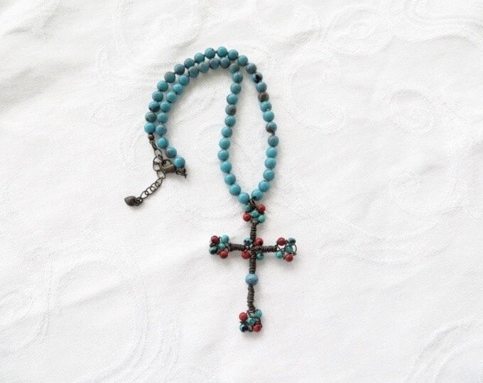 Vintage Cross Necklace, Turquoise and Coral, Beaded Southwest Style, Vintage Wire Cross, Boho Style