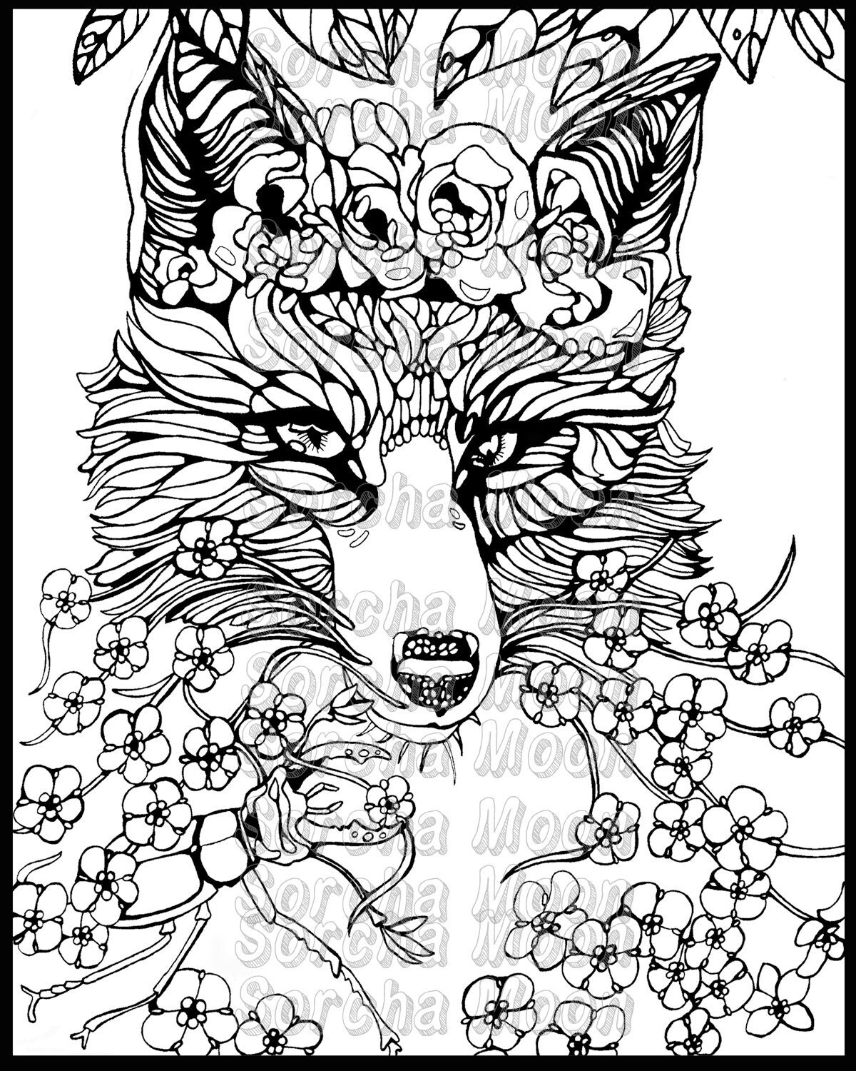  Fox  Forget Me Nots Coloring  Page  for Adults 
