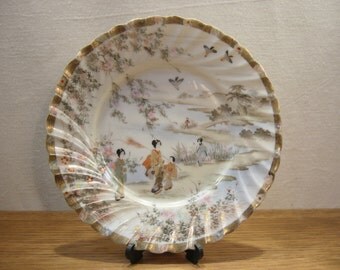 Vintage 1920s Japanese porcelain plate with hand painted Japanese landscape design