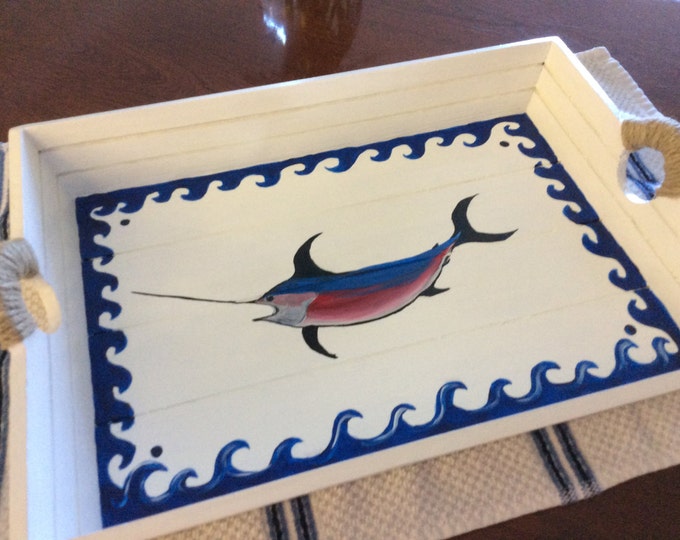 White Wooden Tray with Swordfish Painted on Top