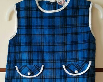 1960s 1970s Original Vintage Girls Dress Cord Blue & Black Check (4779)