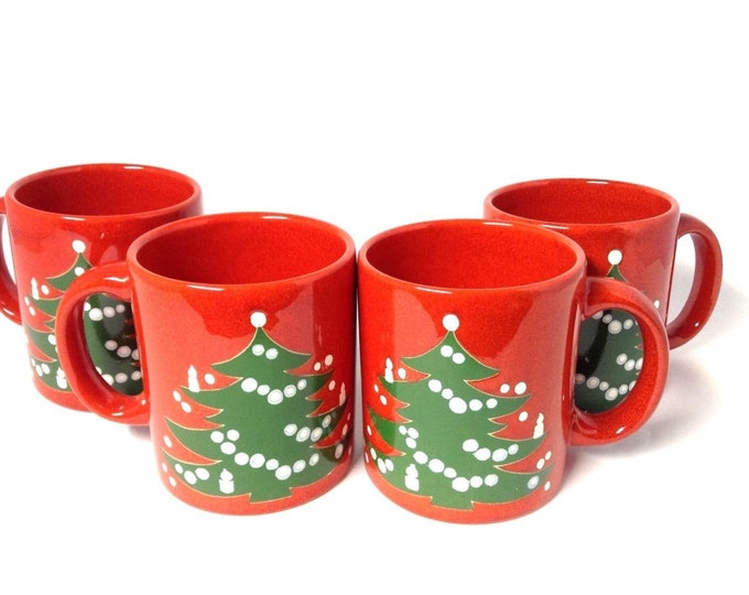 Christmas Tree by Waechtersbach, Red Porcelain Holiday Mugs, Set of 4 Made In Germany, 3 7/8"