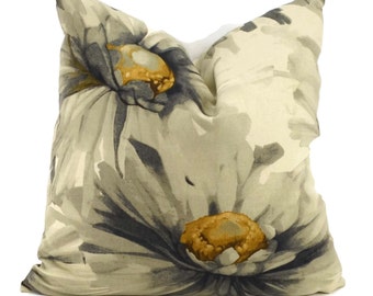 SALE! Throw Pillow Cover, Taupe, Gray & Gold Sunflower Print Pillow Cover, Contemporary Flora Pillow, Large Flower Pillow, 20x20