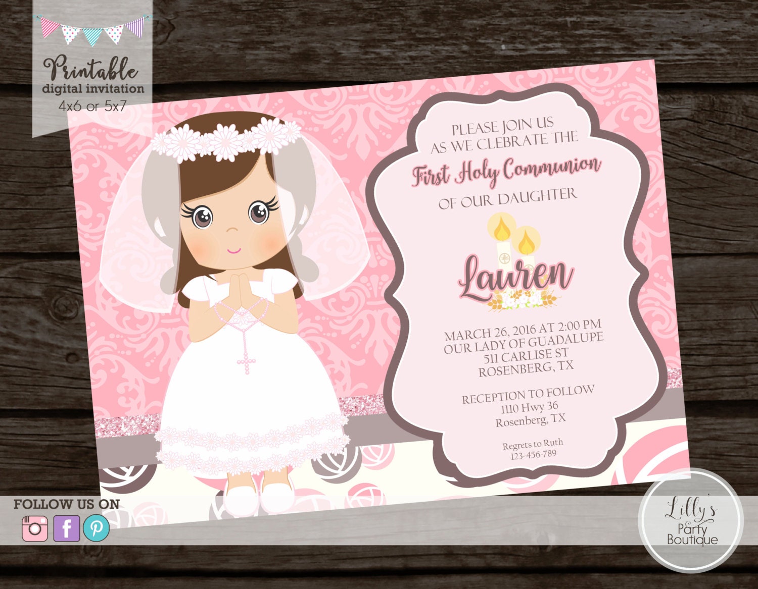 Girl First Holy Communion Invitation Baptism Religious