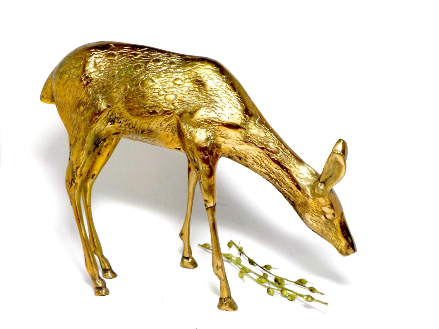 Large Brass Deer Figurine Doe Fawn Brass Deer Grazing