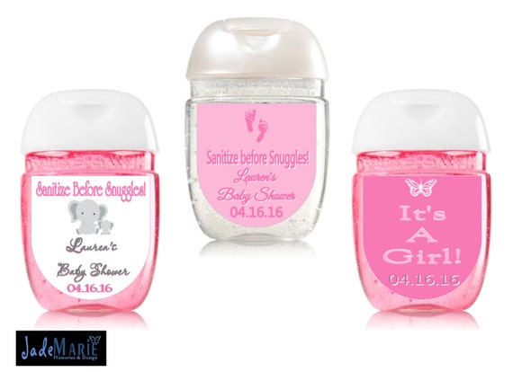 Baby Girl Hand Sanitizer labels Baby Shower favors Pink grey