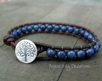 genuine sapphire leather wrap bracelet single wrap fine silver tree of life button boho bracelet yoga bracelet earthy stacking bracelet