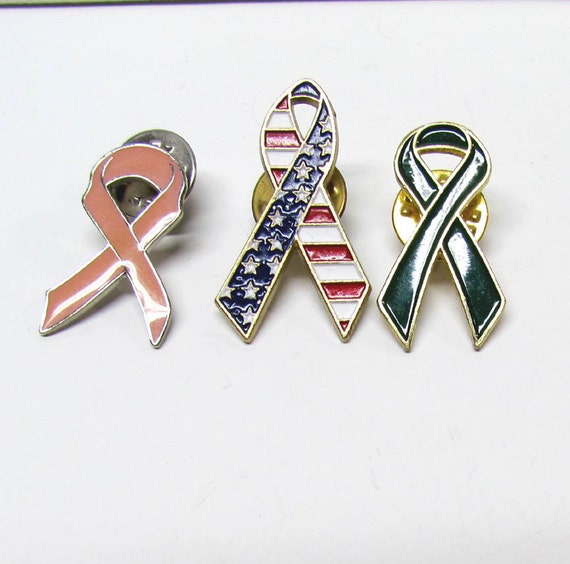 Items similar to 3 Vintage Cancer Awareness Ribbon Pins Gold Tone and
