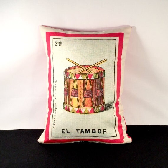 El Tambor Loteria Drum Pillow Cover circa 1920 Mexican