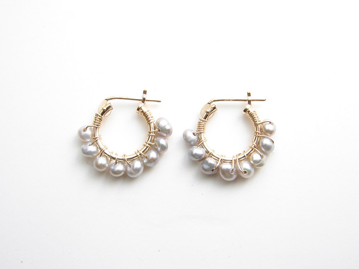 Small Grey Pearl Hoop Earrings. 14K GF Hoop Earrings. Wire