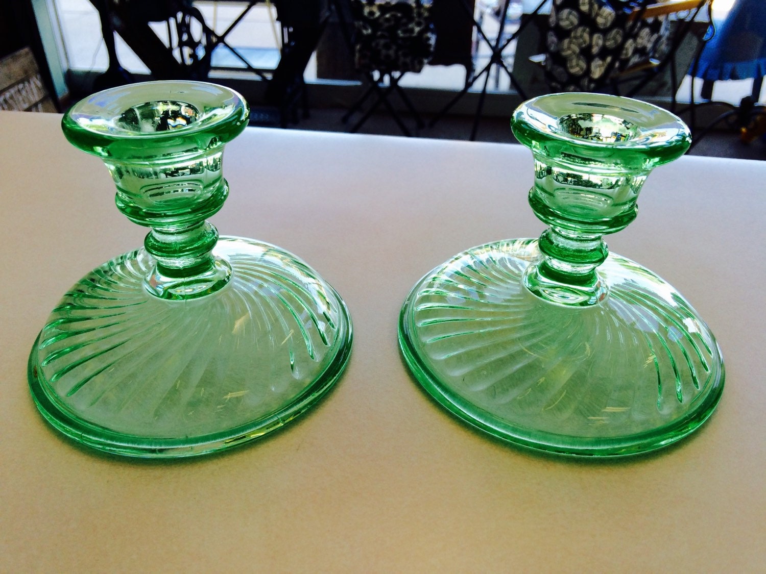 Vintage green glass candle holders. Beach by SugarCreekVintage